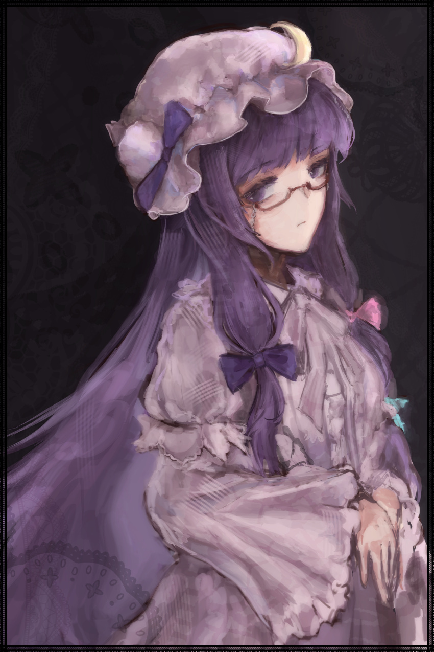 1girl, 1hoshimiyabi, absurdres, border, bow, center_frills, commentary, crescent
