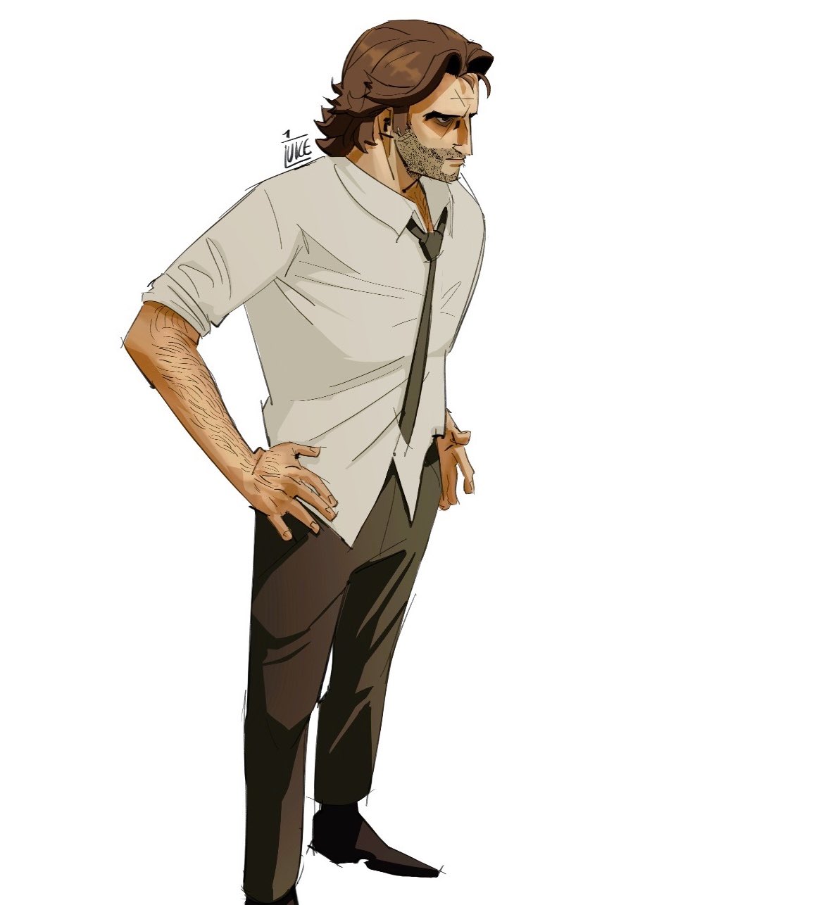 1boy, beard_stubble, bigby_wolf, black_pants, brown_hair, collared_shirt, commentary, english_commentary, facial_hair, full_body, green_necktie, hands_on_own_hips, highres, juiceboxbird, male_focus, necktie, open_collar, pants, parted_hair, shirt, shoes, signature, simple_background, solo, standing, stubble, the_wolf_among_us, white_background, white_shirt, wing_collar
