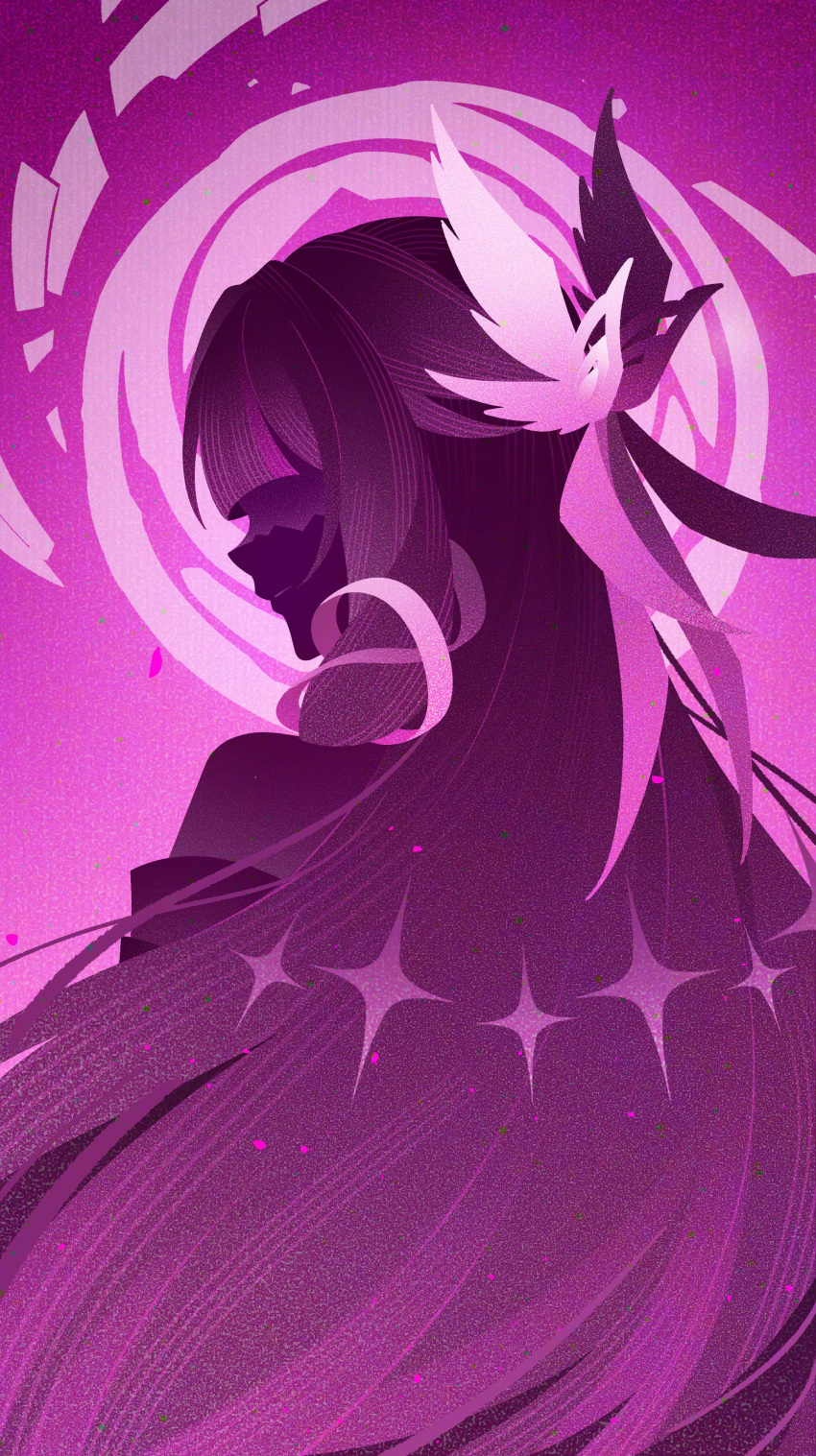 1girl, absurdres, columbina_(genshin_impact), earrings, from_behind, genius_invokation_tcg_(style), genshin_impact, hair_ornament