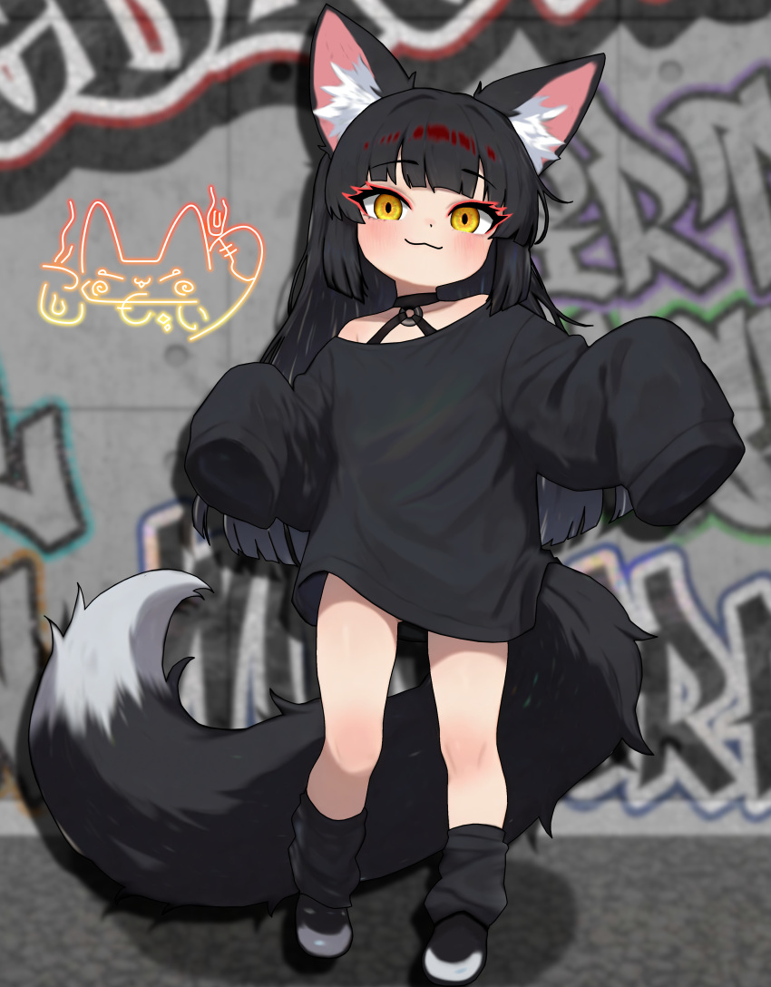1boy, :3, absurdres, animal_ears, black_hair, black_shirt, black_socks, commentary_request, fox_boy, fox_ears, fox_tail, full_body, highres, indie_virtual_youtuber, itsuki_tsukumo_(artist), itsuki_tsukumo_(vtuber), long_hair, long_sleeves, looking_at_viewer, loose_socks, no_pants, oversized_clothes, oversized_shirt, shirt, sleeves_past_fingers, sleeves_past_wrists, smile, socks, tail, trap, very_long_tail, virtual_youtuber, yellow_eyes