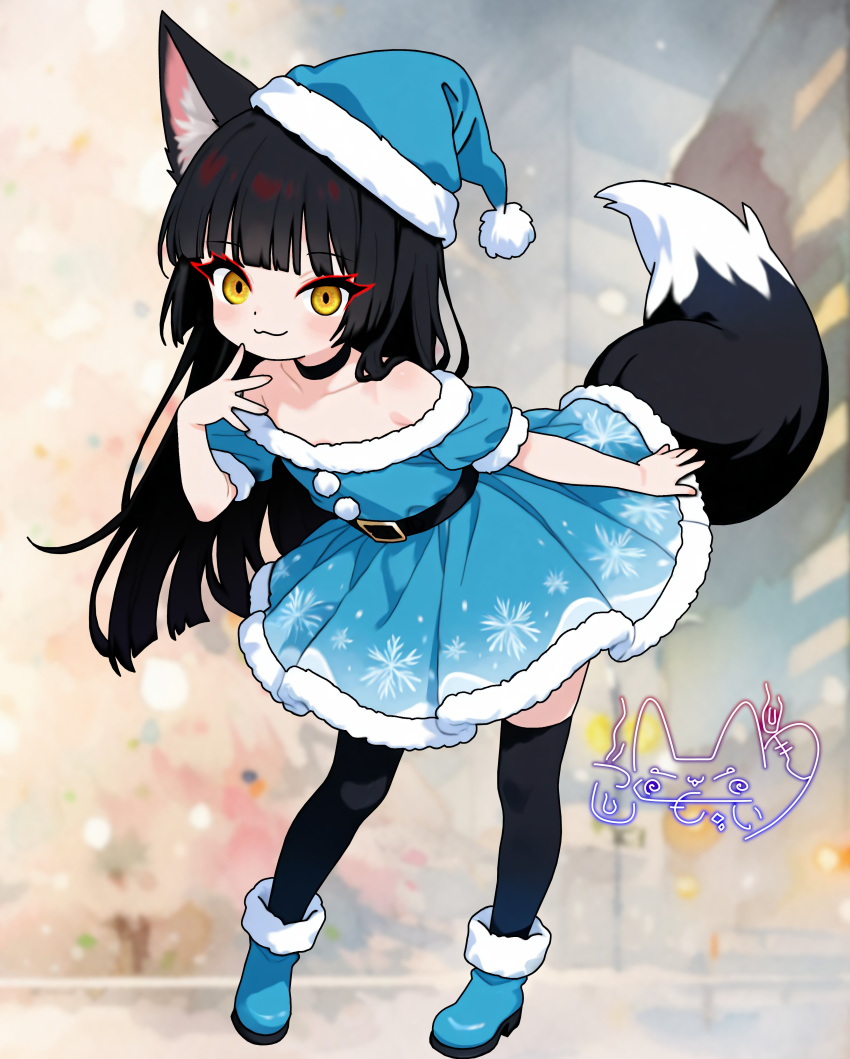 1boy, :3, absurdres, animal_ears, bare_shoulders, belt, black_choker, black_hair, black_thighhighs, blue_boots, blue_dress, blue_hat, boots, choker, christmas, commentary_request, dress, fox_boy, fox_ears, fox_tail, full_body, fur-trimmed_boots, fur-trimmed_dress, fur-trimmed_headwear, fur_trim, hat, highres, indie_virtual_youtuber, itsuki_tsukumo_(artist), itsuki_tsukumo_(vtuber), leaning_forward, long_hair, looking_at_viewer, off-shoulder_dress, off_shoulder, puffy_short_sleeves, puffy_sleeves, santa_costume, santa_dress, santa_hat, short_sleeves, smile, snowflake_print, tail, thigh-highs, trap, virtual_youtuber, yellow_eyes
