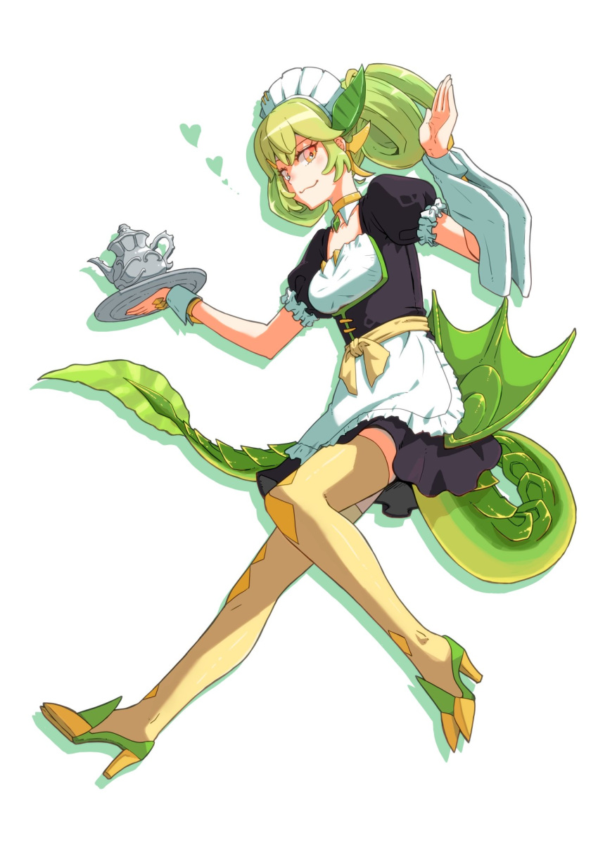 1girl, apron, breasts, commentary_request, dragon_girl, dragon_horns, dragon_tail, dragon_wings