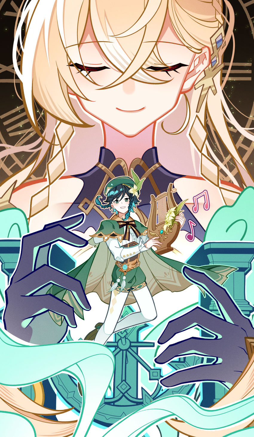 1boy, 1girl, absurdres, androgynous, aqua_hair, beret, black_gloves, black_hair