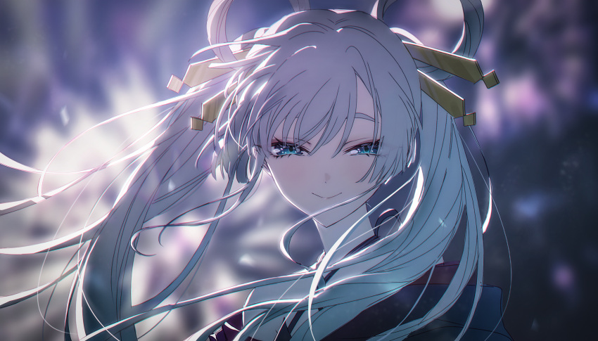 1girl, blue_eyes, blurry, blurry_background, cho_kaguya-hime!, closed_mouth, commentary_request, floating_hair