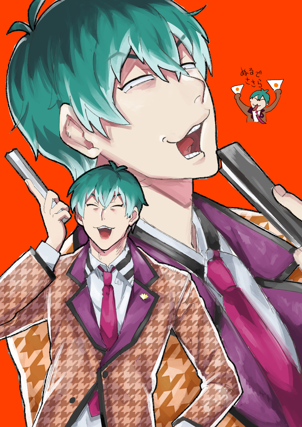 1boy, antenna_hair, aqua_hair, arms_up, black_trim, brown_jacket, choppy_bangs, closed_eyes