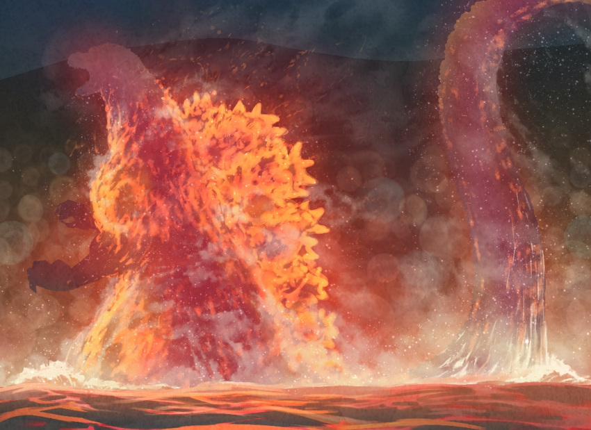 1boy, anniversary, blurry, bokeh, burning_godzilla, claws, commentary, depth_of_field