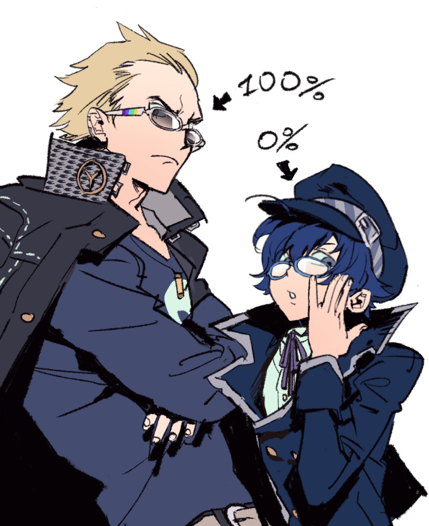 1boy, 1girl, adjusting_eyewear, ahoge, arrow_(symbol), belt, black_jacket, blonde_hair, blue-framed_eyewear, blue_coat, blue_eyes, blue_hair, blue_hat, brown_belt, bullet_necklace, buttons, closed_mouth, coat, comparison, crossed_arms, double-breasted, earclip, forehead, frown, glasses, grey-framed_eyewear, hair_between_eyes, hat, hat_belt, highres, jacket, jacket_on_shoulders, lisiduomuli, long_sleeves, looking_at_viewer, neck_ribbon, parted_lips, peaked_cap, percentage, persona, persona_4, purple_ribbon, ribbon, shirogane_naoto, shirt, short_hair, simple_background, t-shirt, tatsumi_kanji, upper_body, very_short_hair, white_background, white_shirt