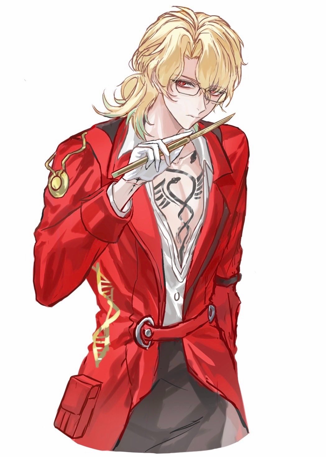 1boy, arm_up, bespectacled, black_pants, blonde_hair, chest_tattoo, closed_mouth, coat