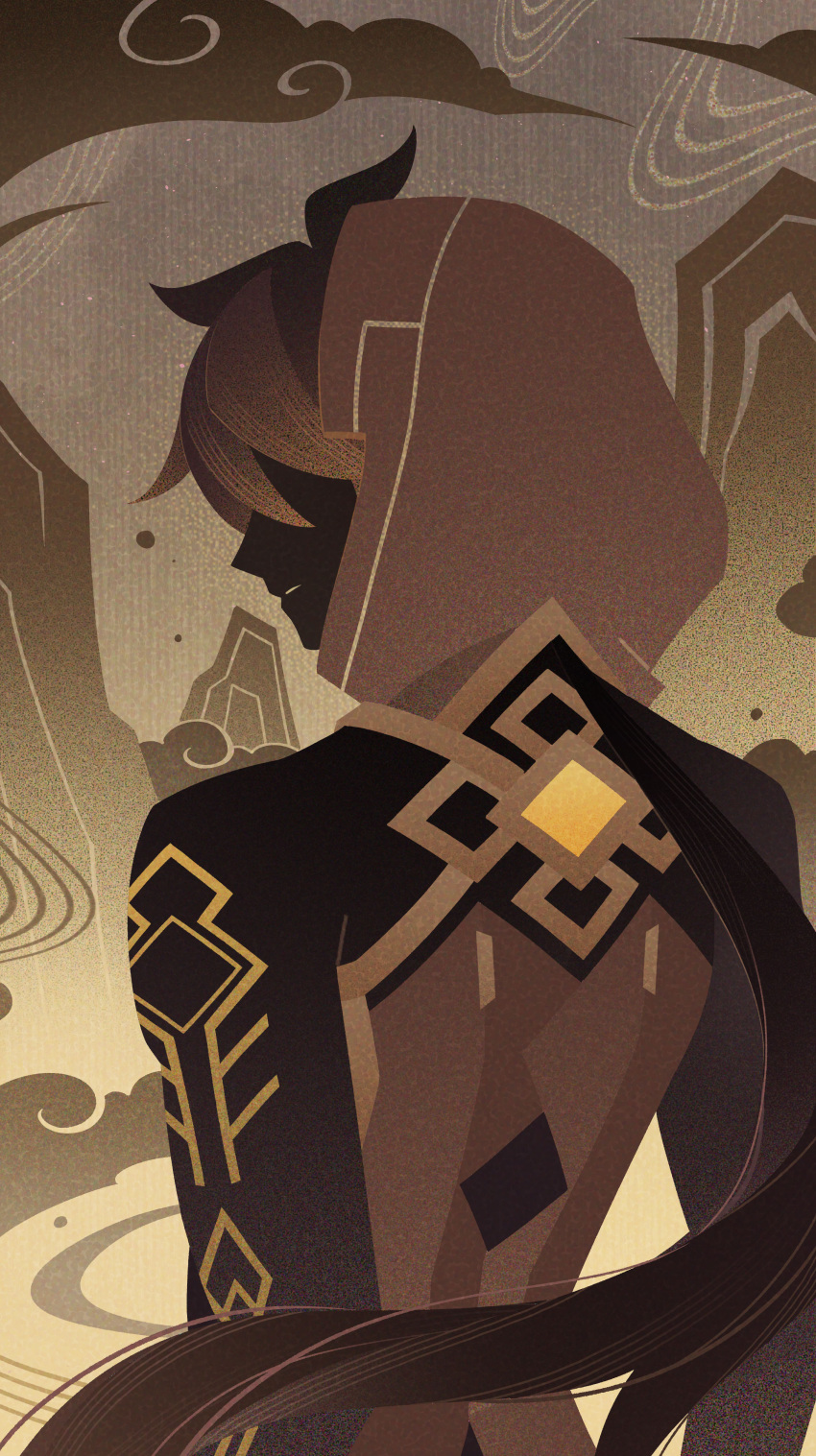 1boy, absurdres, arm_tattoo, black_hair, brown_hair, cloak, closed_mouth, flat_color, from_behind, genius_invokation_tcg_(style), genshin_impact, gradient_hair, highres, hood, hood_up, hooded_cloak, long_hair, male_focus, multicolored_hair, official_alternate_costume, ponytail, solo, suzhigao_youcuoma, tattoo, upper_body, zhongli_(archon)_(genshin_impact), zhongli_(genshin_impact)