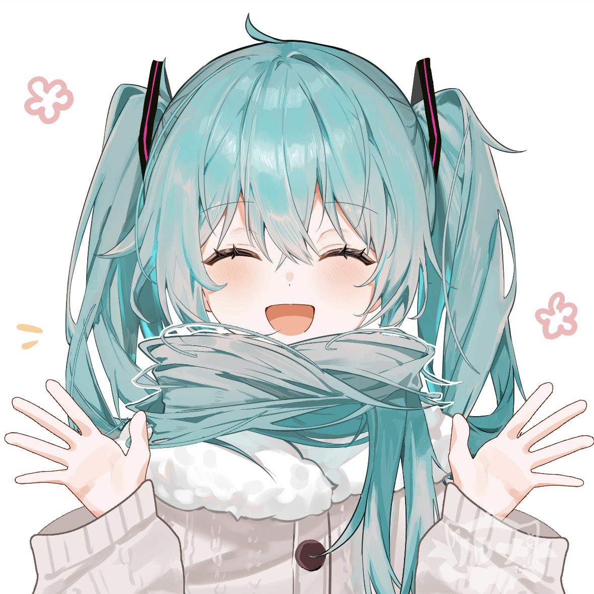 1girl, ahoge, blush, commentary_request, fur-trimmed_sweater, fur_trim, hair_between_eyes, hair_ornament