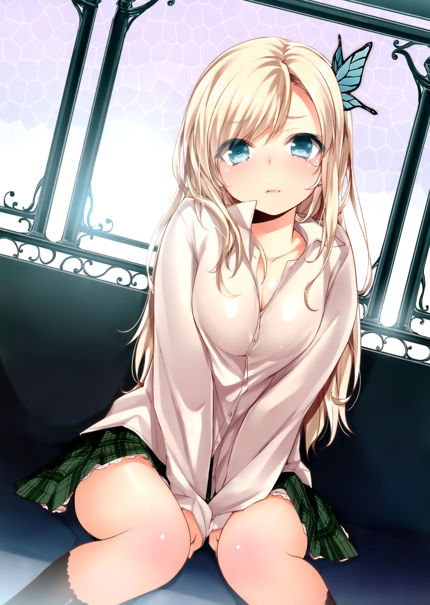 1girl, absurdres, aqua_eyes, between_legs, blonde_hair, blue_eyes, blush, body_blush, boku_wa_tomodachi_ga_sukunai, breasts, buriki, butterfly, cleavage, crying, dress_shirt, frown, hair_ornament, hand_between_legs, highres, kashiwazaki_sena, large_breasts, lips, long_hair, looking_at_viewer, miniskirt, school_uniform, short_skirt, sitting, skirt, solo, tears, thigh-highs, thighhighs, unbuttoned, v_arms, window