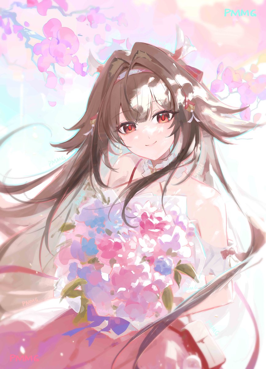 1girl, animal_ear_fluff, animal_ears, artist_name, bare_shoulders, blue_flower, bouquet, brown_hair