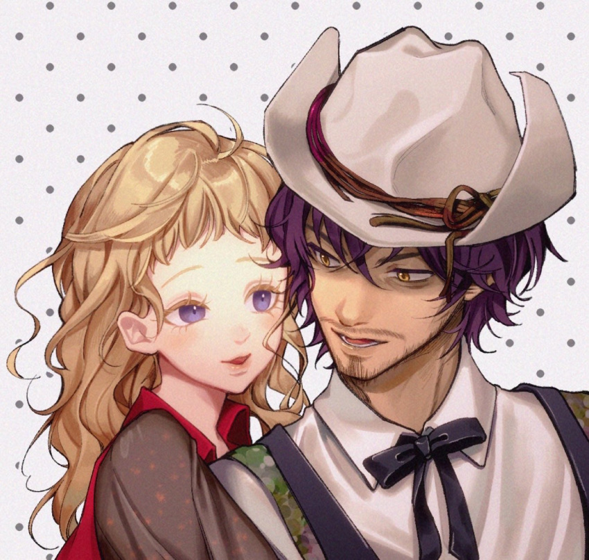 1boy, 1girl, beard_stubble, black_ribbon, black_shirt, blue_hair, collared_shirt, commentary_request, contrast_collar, cowboy_hat, crossed_bangs, facial_hair, gnosia, hat, highres, jonas_(gnosia), kukrushka_(gnosia), long_hair, looking_at_another, neck_ribbon, nime_kitajima, polka_dot, polka_dot_background, purple_hair, ribbon, shirt, short_bangs, short_hair, simple_background, stubble, upper_body, wavy_hair, white_background, white_hat, white_shirt, yellow_eyes