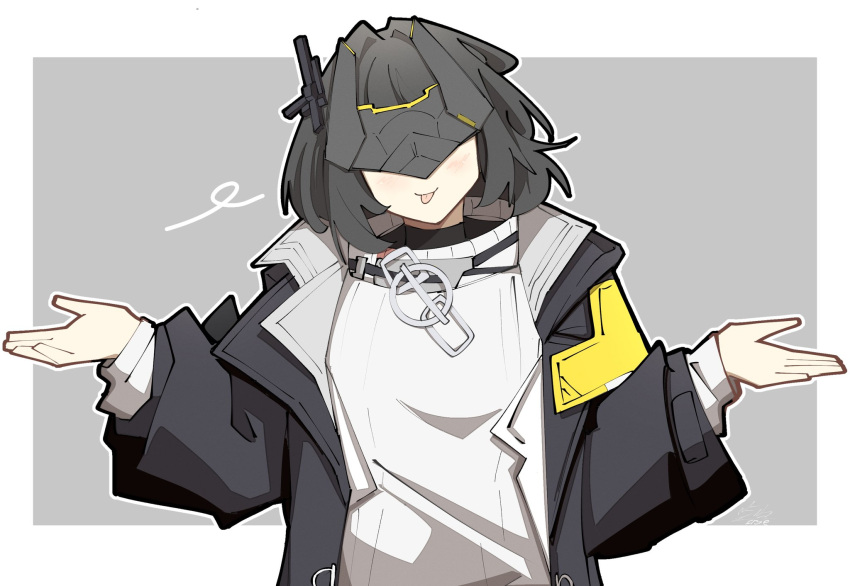 1girl, :p, arknights, arknights:_endfield, black_hair, black_jacket, border, closed_mouth