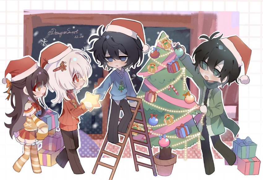 1girl, 3boys, :d, akinashi_haru, akinashi_natsuki, alternate_costume, annoyed, black_hair