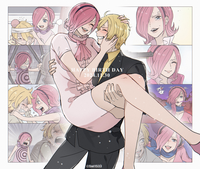 1girl, 2boys, absurdres, black_suit, blonde_hair, blue_eyes, blush, brother_and_sister