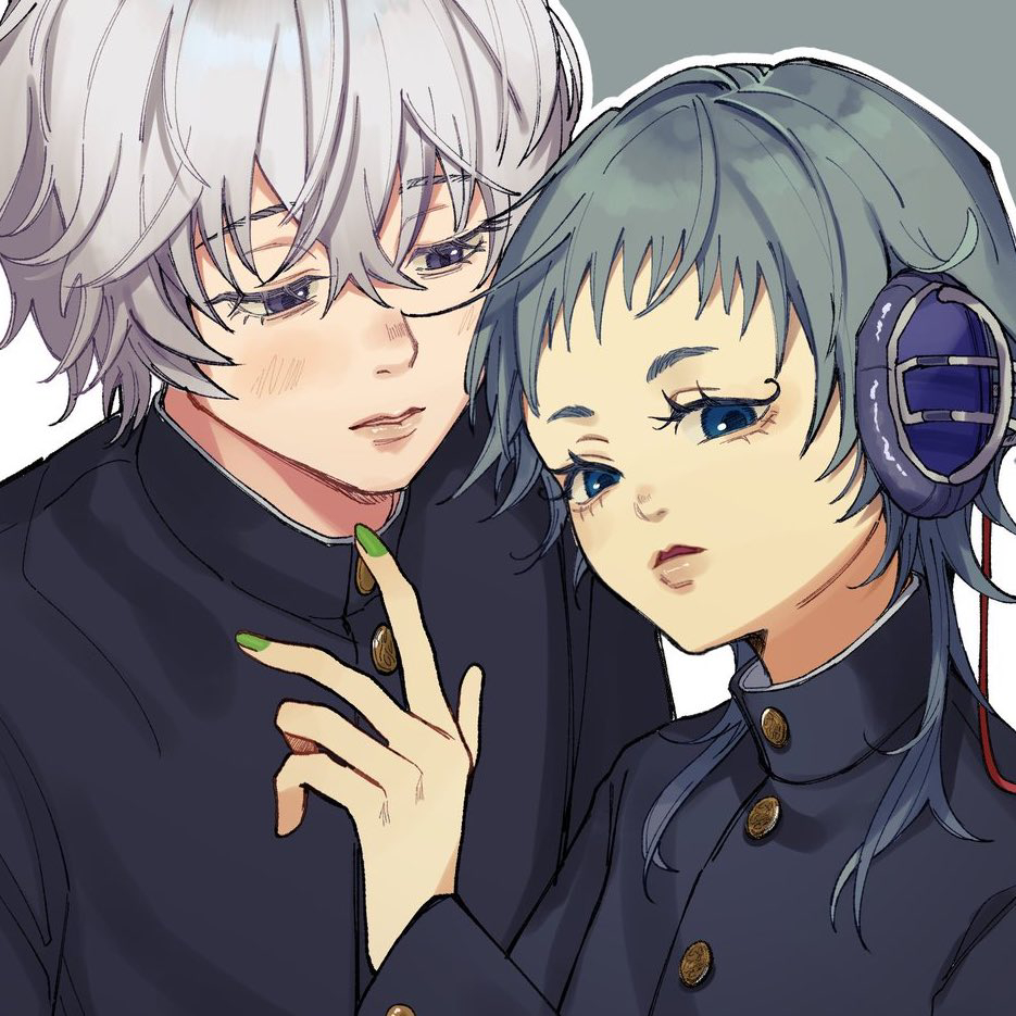 1boy, 1other, black_shirt, blue_eyes, buttons, cable, commentary_request, eyelashes