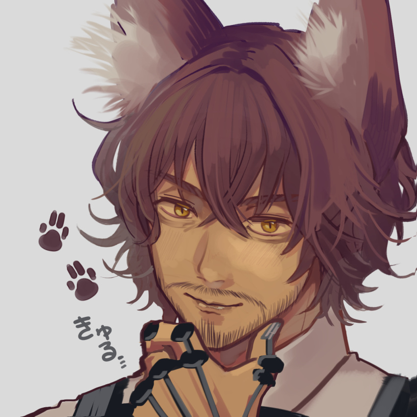 1boy, animal_ear_fluff, animal_ears, beard_stubble, brown_hair, commentary_request, crossed_bangs, dark-skinned_male