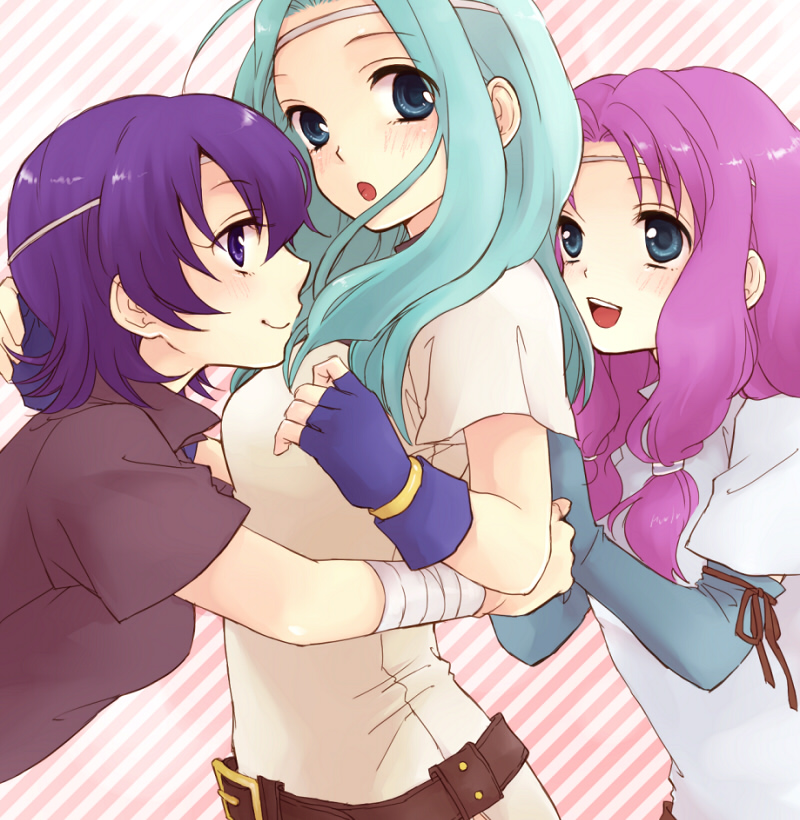 3girls, aqua_hair, belt, blue_eyes, blue_hair, bracelet, elbow_gloves, family, farina, fingerless_gloves, fiora, fire_emblem, fire_emblem:_rekka_no_ken, florina, hug, long_hair, multiple_girls, pegasus_knight, purple_hair, short_hair, sisters, smile