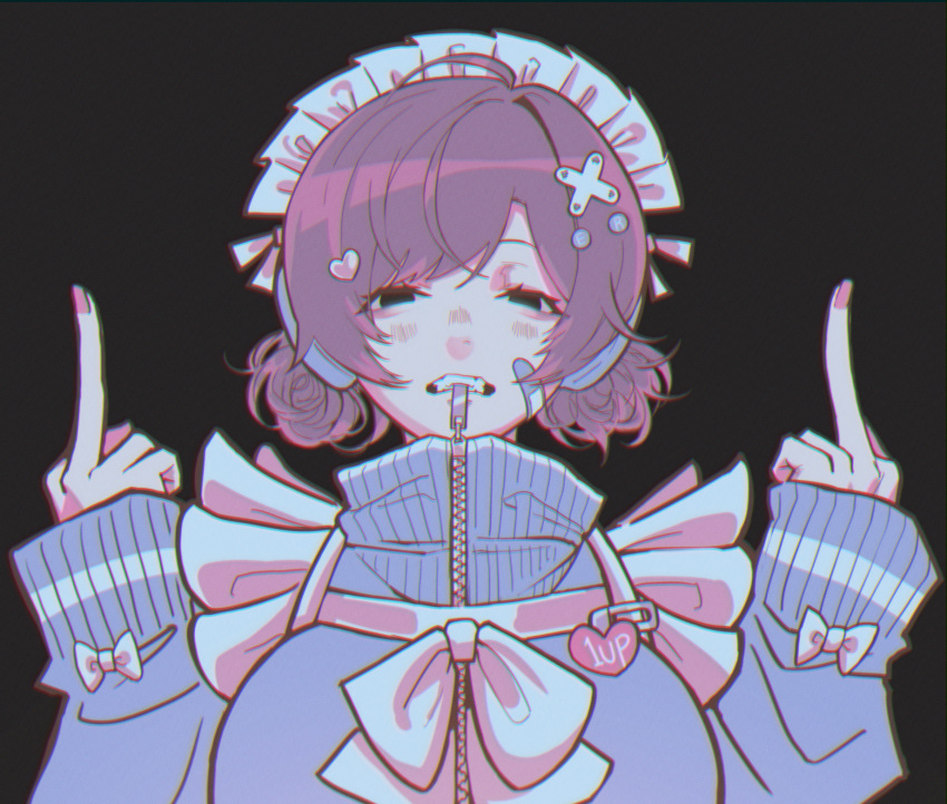 1girl, ahoge, apron, bandaid, bandaid_on_face, black_background, black_survival, blue_jacket, breasts, eternal_return:_black_survival, hair_ornament, hands_up, highres, jacket, jersey_maid, legendary_super_saiyan, maid, maid_headdress, medium_breasts, middle_finger, nia_heller, purple_hair, shironism, short_hair, simple_background, sleeves_past_wrists, solo, super_saiyan, twintails, unconventional_maid, white_apron, white_background, x_hair_ornament