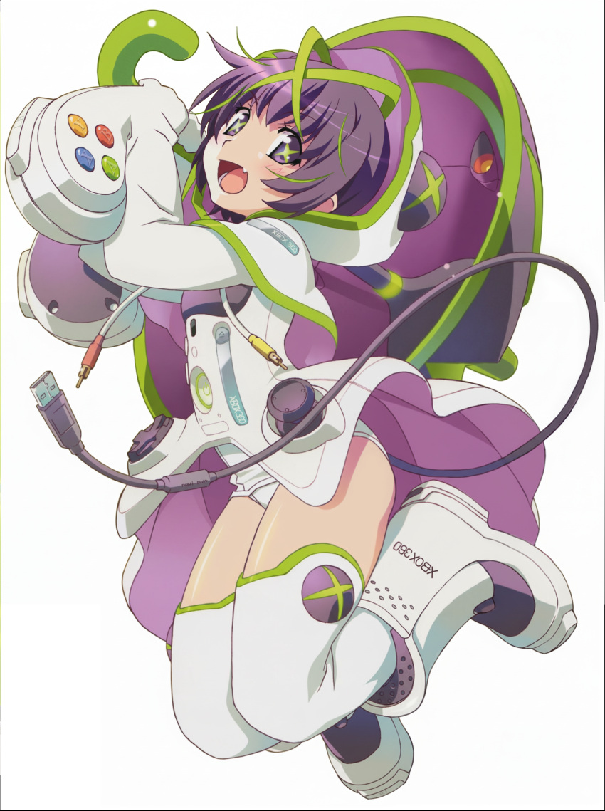 1girl, absurdres, boots, cable, controller, fang, game_console, game_controller