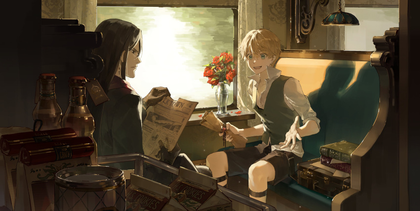 2boys, absurdres, black_eyes, black_hair, black_pants, black_shorts, blonde_hair, blue_eyes