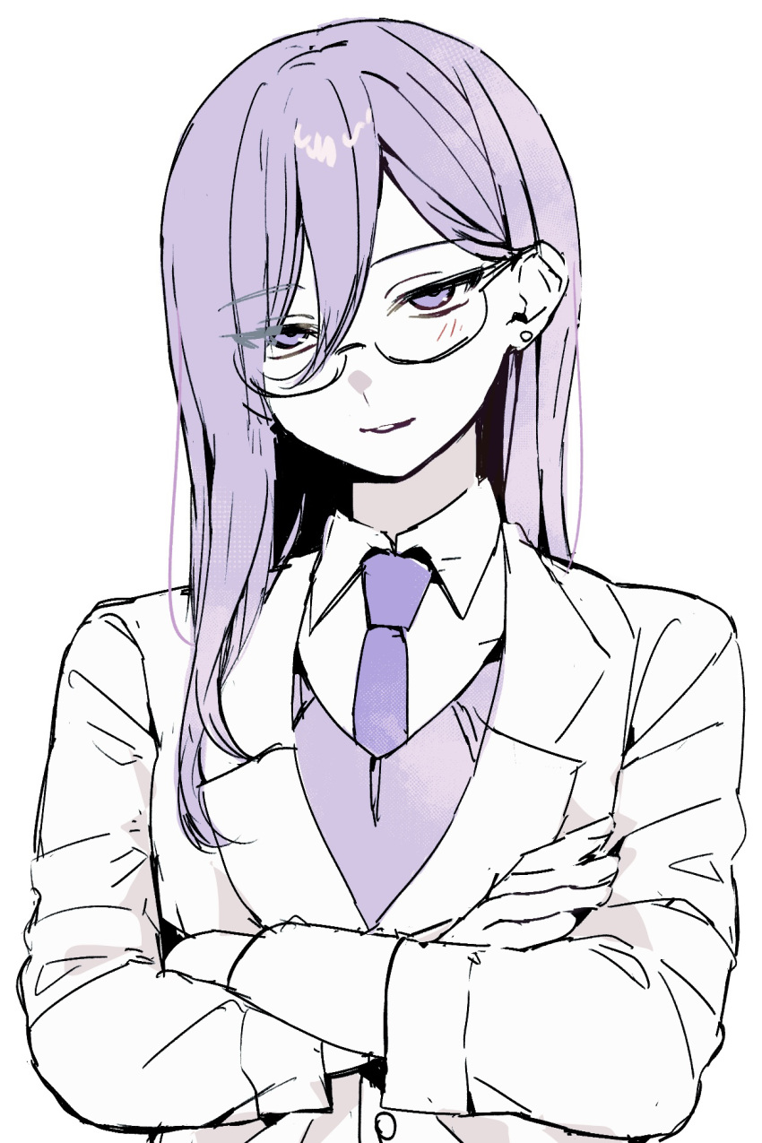 16personalities, 1girl, alternate_hairstyle, blazer, collared_shirt, commentary, commentary_request, crossed_arms