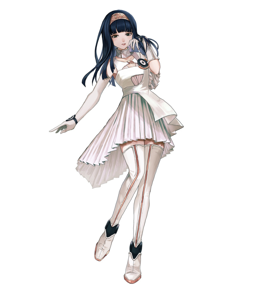 1girl, asymmetrical_dress, asymmetrical_gloves, black_eyes, black_hair, collarbone, commentary_request, detached_collar