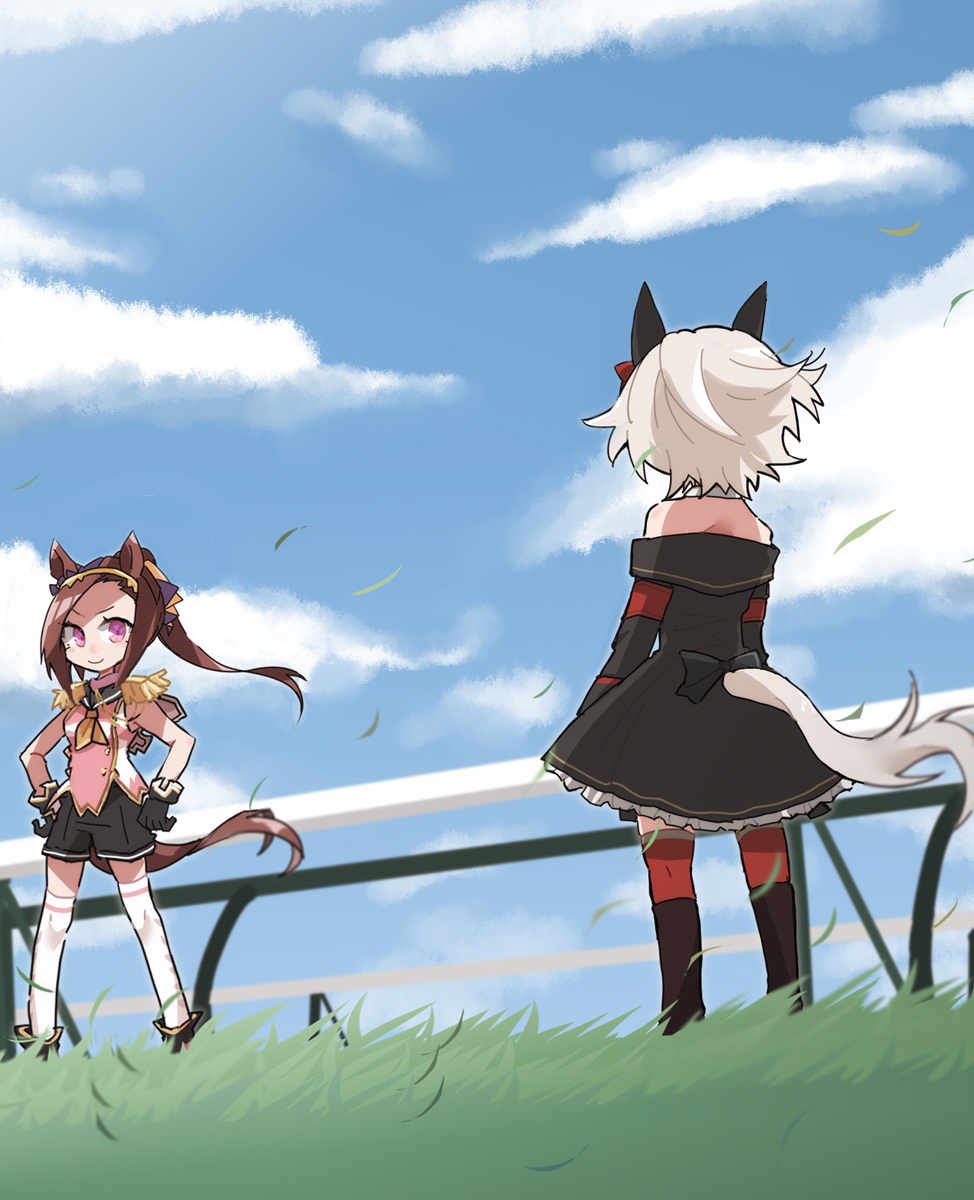 >:), 2girls, animal_ears, bare_shoulders, beer_hsk, black_boots, black_jacket, black_shorts