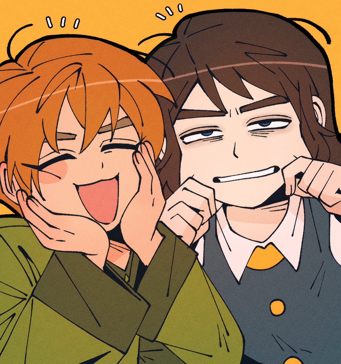 abaddon_(haunted_hotel), blue_eyes, brown_hair, cheek_pull, coat, commentary_request, esther_freeling, green_coat, hand_on_own_face, hands_up, haunted_hotel, highres, insidej043, korean_commentary, looking_at_viewer, notice_lines, orange_hair, short_hair, simple_background, upper_body, yellow_background