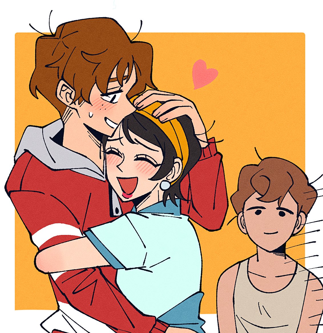 1girl, 2boys, annabelle_anastasio, ben_freeling, brown_hair, commentary_request, hand_on_another's_head, haunted_hotel, heart, hetero, hug, insidej043, jacket, korean_commentary, multiple_boys, randy_(haunted_hotel), red_jacket, short_hair, simple_background, upper_body, yellow_background