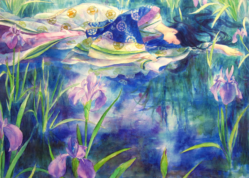 black_hair, closed_eyes, eyes_closed, flower, highres, japanese_clothes, kimono, long_hair