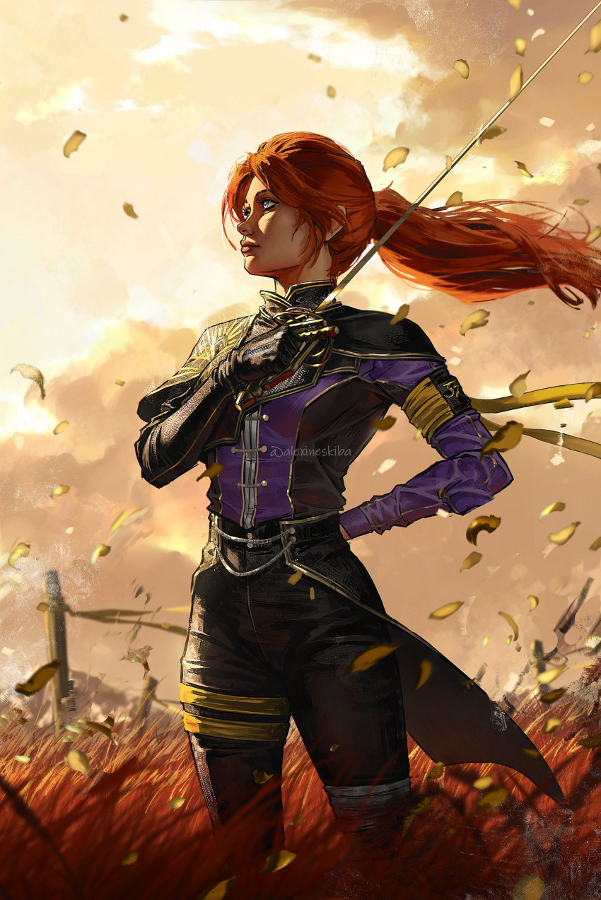 1girl, aleksandra_skiba, arm_behind_back, armband, black_gloves, black_pants, clair_obscur:_expedition_33, clouds