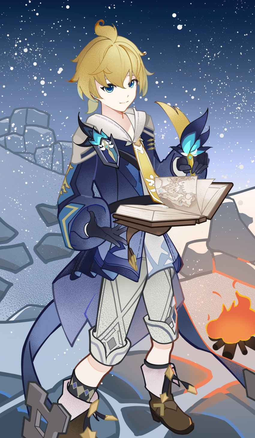 1boy, absurdres, ahoge, black_gloves, blonde_hair, blue_eyes, blue_jacket, book