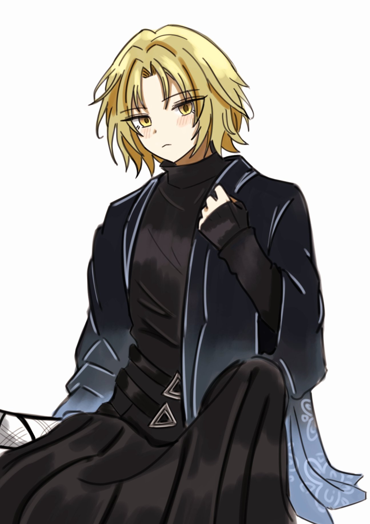 1boy, arm_at_side, belt, black_belt, black_gloves, black_hakama, black_haori, black_shirt
