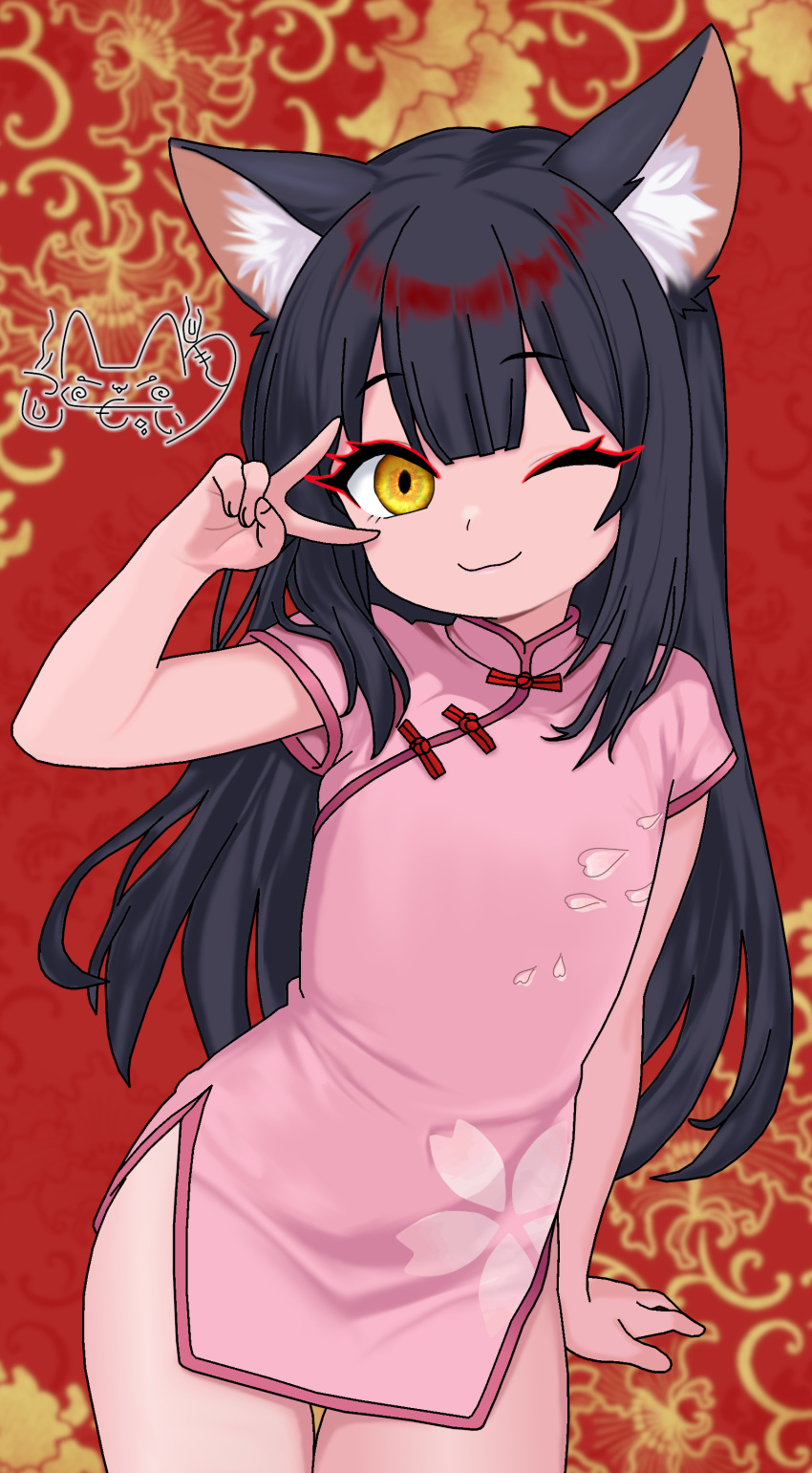 1boy, ;), absurdres, animal_ears, black_hair, china_dress, chinese_clothes, commentary_request