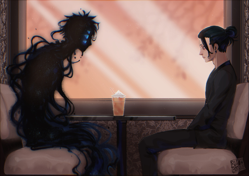 2boys, black_hair, blackberreh-art, blue_eyes, closed_mouth, commentary, cup, ear_piercing