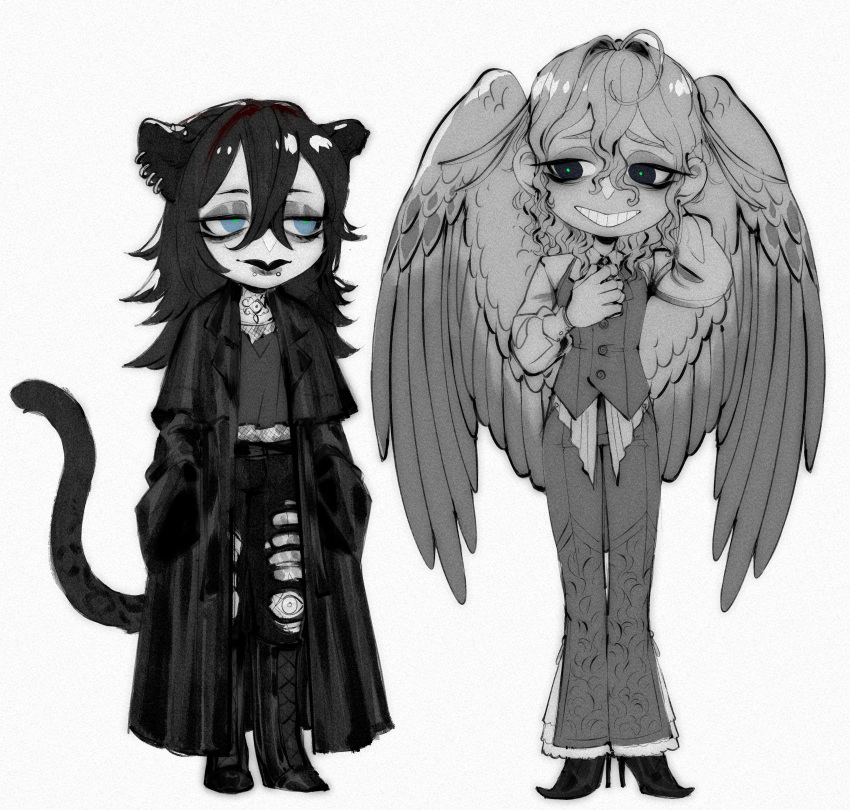 2boys, absurdres, ahoge, animal_ear_piercing, animal_ears, bird_boy, bird_wings, black_eyes