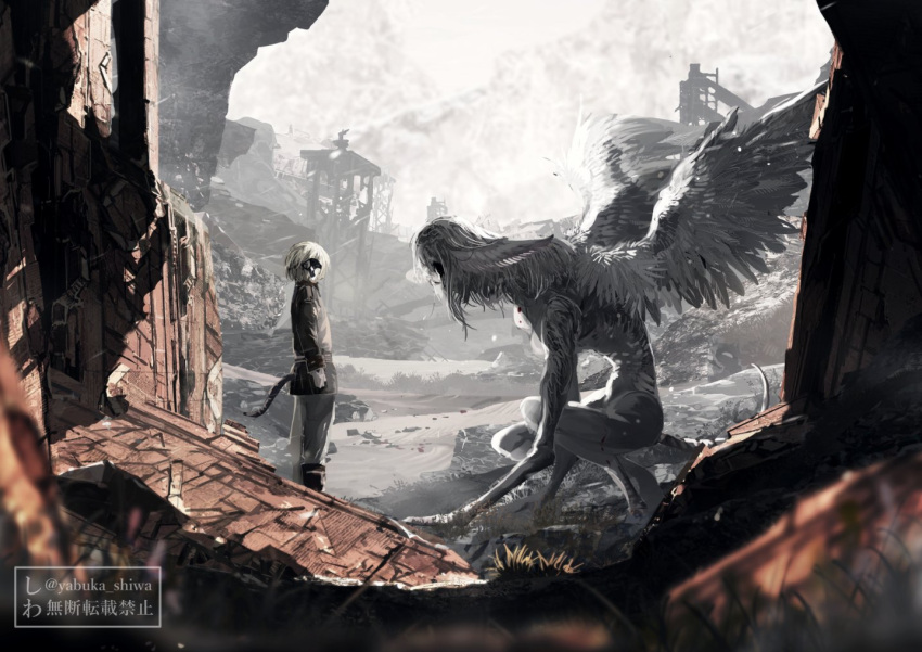 1boy, au_ra, colored_skin, debris, feathered_wings, final_fantasy, final_fantasy_xiv, halric_(ff14)