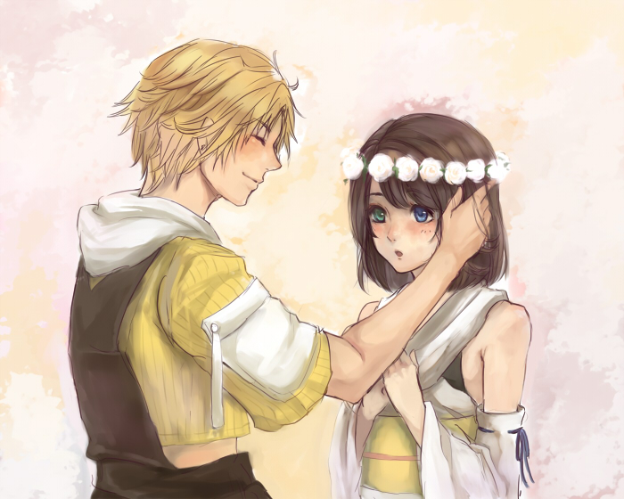 1girl, blonde_hair, blue_eyes, brown_hair, closed_eyes, couple, detached_sleeves, eyes_closed