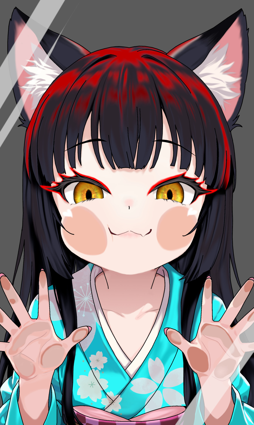 1boy, :3, absurdres, against_fourth_wall, against_glass, animal_ears, black_hair, commentary_request, face_against_glass, fang, fang_out, fox_boy, fox_ears, grey_background, hands_up, highres, indie_virtual_youtuber, itsuki_tsukumo_(artist), itsuki_tsukumo_(vtuber), japanese_clothes, kimono, long_hair, long_sleeves, looking_at_viewer, simple_background, smile, trap, virtual_youtuber, yellow_eyes