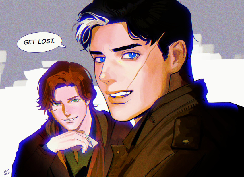 batman_(series), black_hair, blue_eyes, commentary, dc_comics, hair_between_eyes, highres, jacket