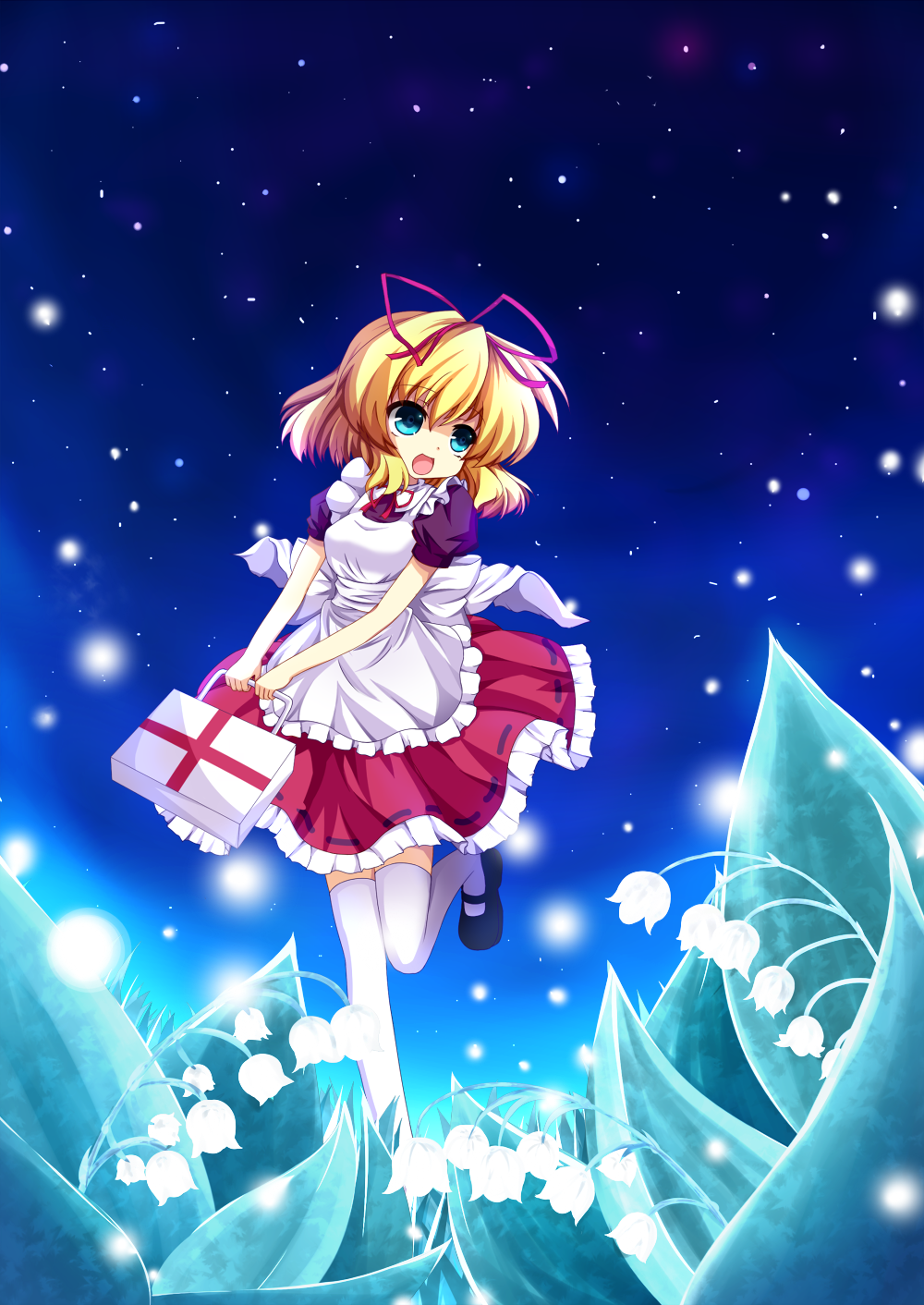 1girl, apron, aqua_eyes, blonde_hair, blush, bow, dress, first_aid