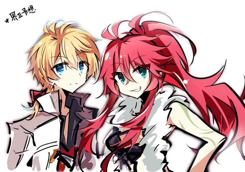 1boy, 1girl, 25ocoveryui, absurdres, arm_tattoo, blonde_hair, blue_eyes, cedric_reise_arnor
