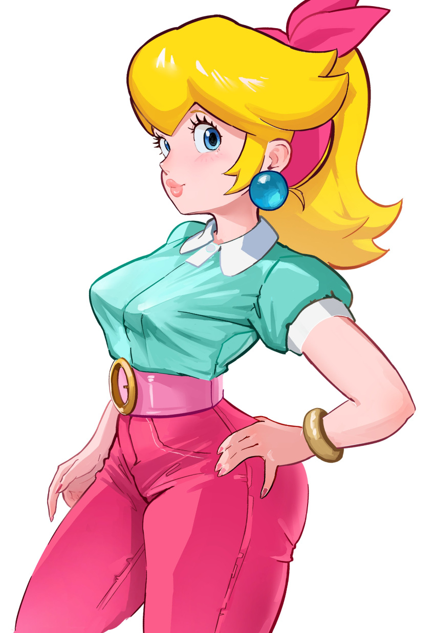 1girl, absurdres, aqua_shirt, belt, blonde_hair, blue_eyes, bracelet, collared_shirt