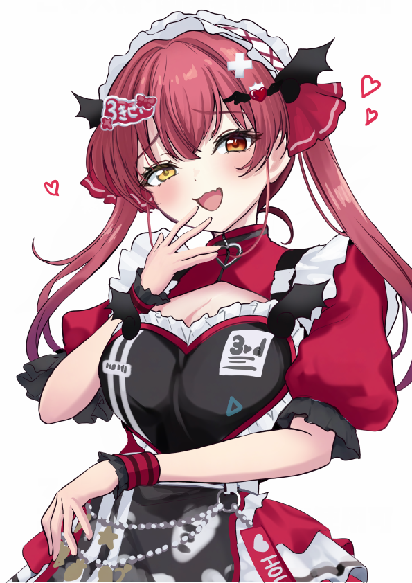 apron, bat_hair_ornament, black_apron, dress, hair_ornament, harusame349, heterochromia, hololive, hololive_fantasy_1st_anniversary_outfit, houshou_marine, official_alternate_costume, open_mouth, red_dress, red_eyes, red_hair, smile, solo, twintails, virtual_youtuber, white_background, yellow_eyes