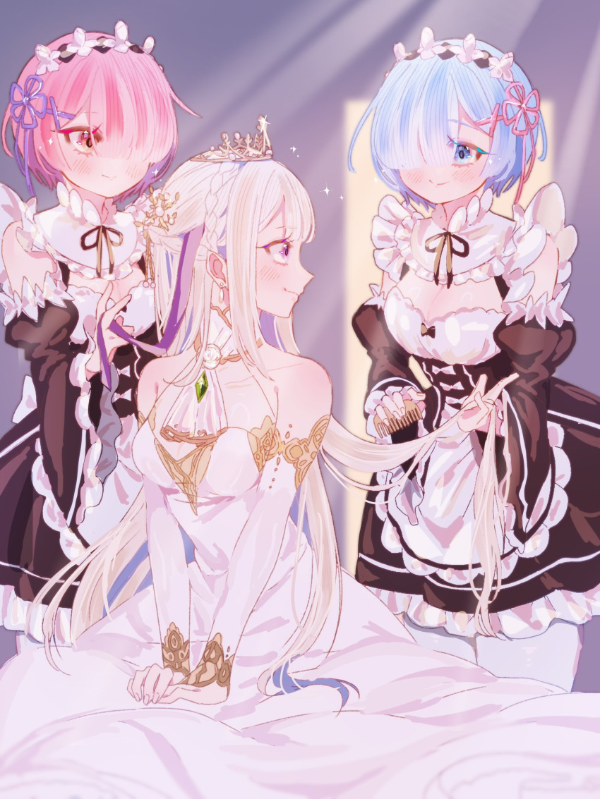 3girls, apron, blue_hair, breasts, dress, emilia_(re:zero), grey_hair, gura_(kihou7342)
