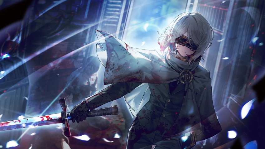 1other, black_jacket, black_necktie, black_pants, blindfold, blood, blood_on_clothes, blood_on_face, blood_on_weapon, capelet, corpse, faust_(project_moon), game_cg, highres, holding, holding_sword, holding_weapon, jacket, limbus_company, nai_ga, necktie, official_art, pants, project_moon, scabbard, sheath, shirt, short_hair, solo_focus, suit, sword, weapon, white_capelet, white_hair, white_shirt
