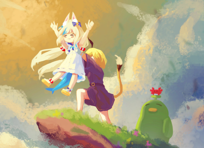 2girls, absurdres, ahoge, animal_ear_fluff, animal_ears, blonde_hair, blue_streaks, cat_ears