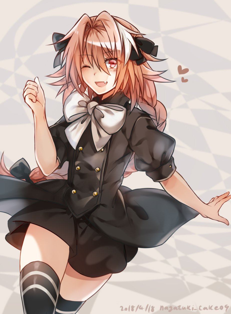 1boy, androgynous, astolfo_(apocrypha_epilogue)_(fate), astolfo_(fate), bad_id, bad_twitter_id, black_bow, black_dress, black_thighhighs, bow, bowtie, braid, cowboy_shot, dress, fang, fate/apocrypha, fate_(series), hair_bow, highres, large_bow, light_blush, male_focus, multicolored_hair, multiple_hair_bows, nagatsuki_take, pink_eyes, pink_hair, signature, single_braid, skin_fang, solo, streaked_hair, thigh-highs, trap, white_bow, white_bowtie